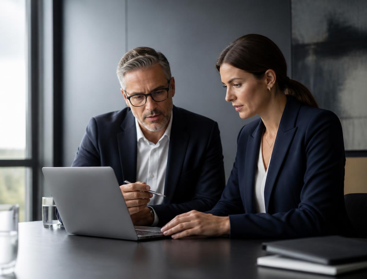 Dos profesionales revisando documentación de cumplimiento normativo en un portátil